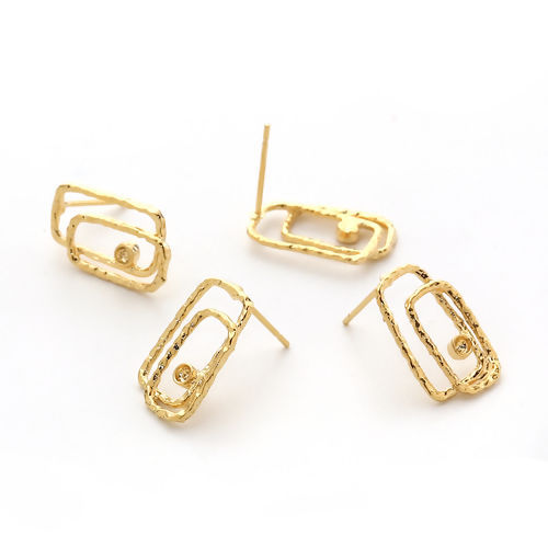 Picture of Brass Ear Post Stud Earrings 18K Real Gold Plated Rectangle Circle Ring (Can Hold ss6 Pointed Back Rhinestone) 17mm( 5/8") x 10mm( 3/8"), Post/ Wire Size: (21 gauge), 4 PCs