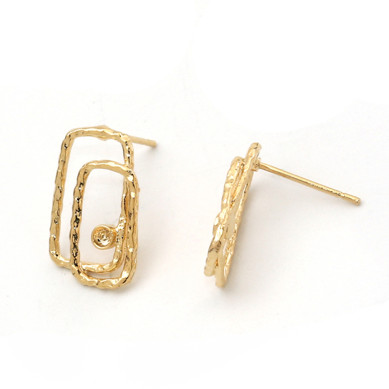 Picture of Brass Ear Post Stud Earrings 18K Real Gold Plated Rectangle Circle Ring (Can Hold ss6 Pointed Back Rhinestone) 17mm( 5/8") x 10mm( 3/8"), Post/ Wire Size: (21 gauge), 4 PCs