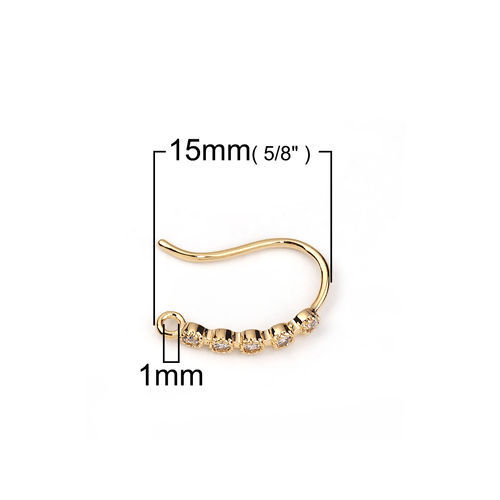 Bild von Messing Ohrring Ohrhken Echtgold plattiert M/Öse Transparent Strass 15mm x 2mm, Drahtstärke: (20 gauge), 4 Stück