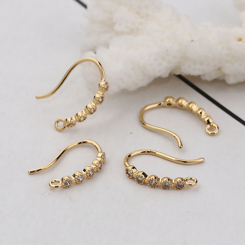Bild von Messing Ohrring Ohrhken Echtgold plattiert M/Öse Transparent Strass 15mm x 2mm, Drahtstärke: (20 gauge), 4 Stück