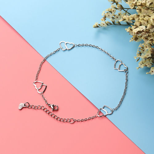 Immagine di 304 Acciaio Inossidabile Cavigliere Tono Argento Cuore 22.5cm Lunghezza, 1 Pz
