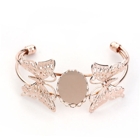 Picture of Brass Open Cuff Bangles Bracelets Butterfly Animal Rose Gold Oval Cabochon Settings (Fits 25mmx18mm) 15.5cm(6 1/8") long, 1 Piece                                                                                                                             