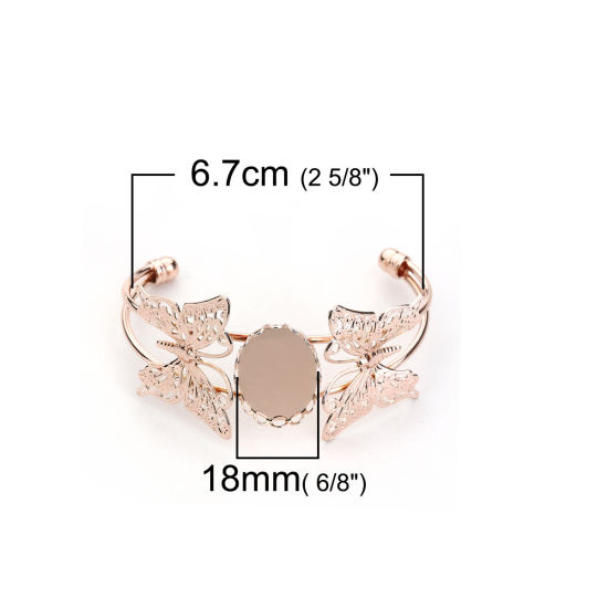 Picture of Brass Open Cuff Bangles Bracelets Butterfly Animal Rose Gold Oval Cabochon Settings (Fits 25mmx18mm) 15.5cm(6 1/8") long, 1 Piece                                                                                                                             