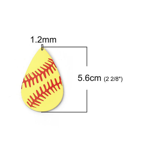 牛革 スポーツ ペンダント 野球 赤+黄 しずく 56mm x 36mm、 3 個 の画像