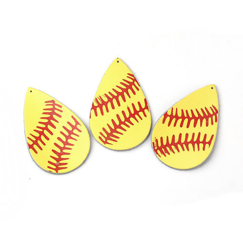 牛革 スポーツ ペンダント 野球 赤+黄 しずく 56mm x 36mm、 3 個 の画像