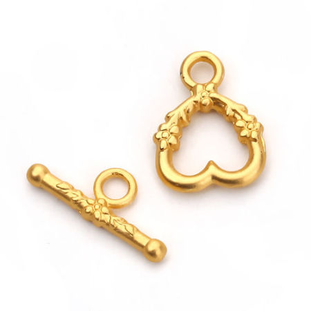 Bild von Zinklegierung Knebelverschluss Herz Matt Gold Blumen 21mm x 8mm 18mm x 14mm, 5 Sets