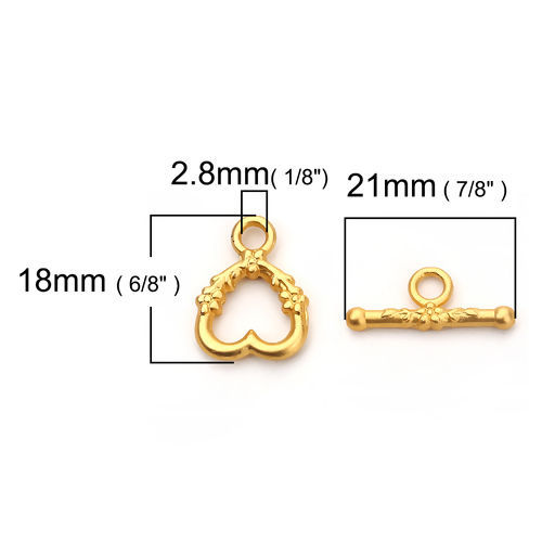Picture of Zinc Based Alloy Toggle Clasps Heart Matt Gold Flower 21mm x 8mm 18mm x 14mm, 5 Sets