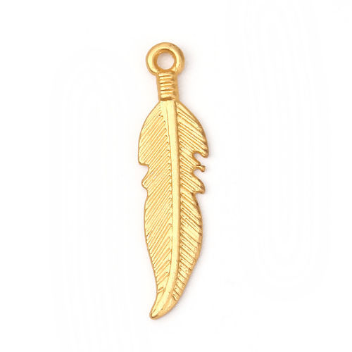 Picture of Zinc Based Alloy Charms Feather Matt Gold 26mm(1") x 6mm( 2/8"), 10 PCs