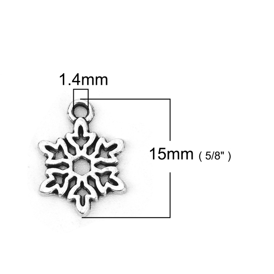 Bild von Zinklegierung Charms Weihnachten Schneeflocke Antiksilber 15mm x 11mm, 100 Stück