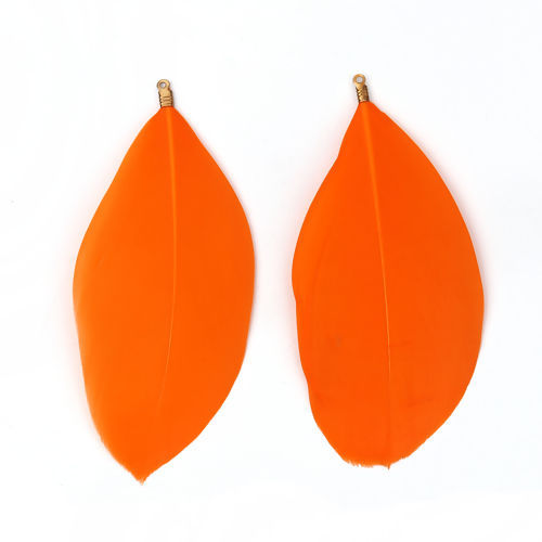 Picture of Natural Feather Pendants Orange 9.3cm x4.5cm(3 5/8" x1 6/8") - 8.5cm x3.7cm(3 3/8" x1 4/8"), 20 PCs