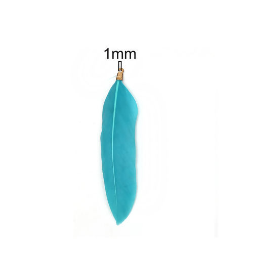 Picture of Natural Feather Pendants Peacock Blue 7.5cm x2.3cm(3" x 7/8") - 7cm x2cm(2 6/8" x 6/8"), 20 PCs