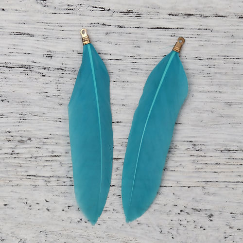 Picture of Natural Feather Pendants Peacock Blue 7.5cm x2.3cm(3" x 7/8") - 7cm x2cm(2 6/8" x 6/8"), 20 PCs