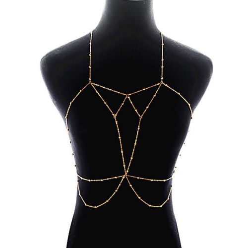 Picture of Body Chain Necklace Gold Plated Round Clear Rhinestone 60cm(23 5/8") long, 89cm(35") long, 1 Piece
