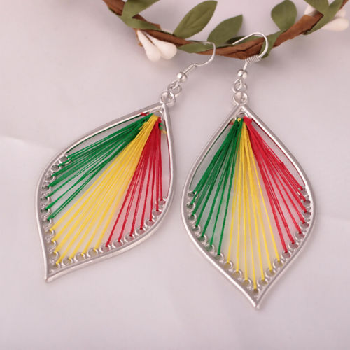 Изображение Boho Chic Handmade String - Thread Earrings Silver Tone Multicolor Leaf (Can Hold ss12 Pointed Back Rhinestone) 90mm(3 4/8") x 37mm(1 4/8"), Post/ Wire Size: (21 gauge), 1 Pair