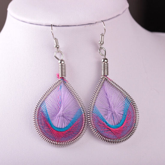 Picture of Boho Chic Handmade String - Thread Earrings Silver Tone Blue Drop 73mm(2 7/8") x 32mm(1 2/8"), Post/ Wire Size: (21 gauge), 1 Pair