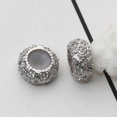 Picture of Brass & Cubic Zirconia Slider Clasp Beads Round Silver Tone Clear Rhinestone With Adjustable Silicone Core 10mm Dia., Hole: 1.5mm, 1 Piece                                                                                                                    