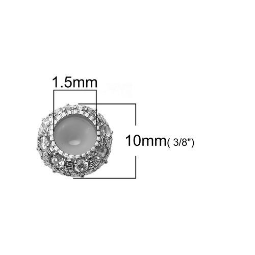 Image de Perles à Fermoir Coulissant en Laiton & Zirconia Cubique Rond Argent Mat à Strass Transparent Avec Noyau de Silicone Ajustable 10mm Dia, Trou: 1.5mm, 1 Pièce                                                                                                 