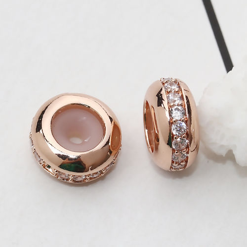 Picture of Brass & Cubic Zirconia Slider Clasp Beads Round Rose Gold Clear Rhinestone With Adjustable Silicone Core 10mm Dia., Hole: 1.5mm, 2 PCs                                                                                                                        