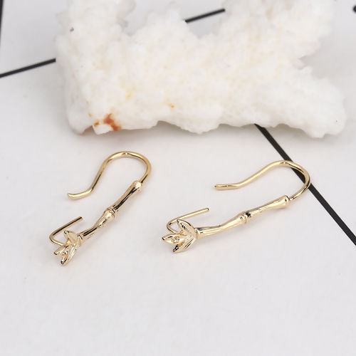 Bild von Messing Ohrring Ohrhaken Echtgold plattiert Bamboo-förmig Mit offener Schleife (Halten ss5 Spitzboden Strass) 29mm x 6mm - 27mm x6mm, Drahtstärke: (19 gauge), 4 Stück