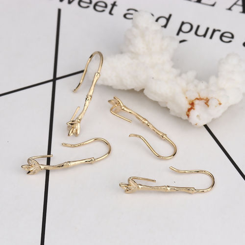 Bild von Messing Ohrring Ohrhaken Echtgold plattiert Bamboo-förmig Mit offener Schleife (Halten ss5 Spitzboden Strass) 29mm x 6mm - 27mm x6mm, Drahtstärke: (19 gauge), 4 Stück