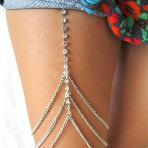 Picture of Body Leg Bracelet Chain Necklace Silver Tone Clear Rhinestone 43cm(16 7/8") long, 45cm(17 6/8") long, 1 Piece