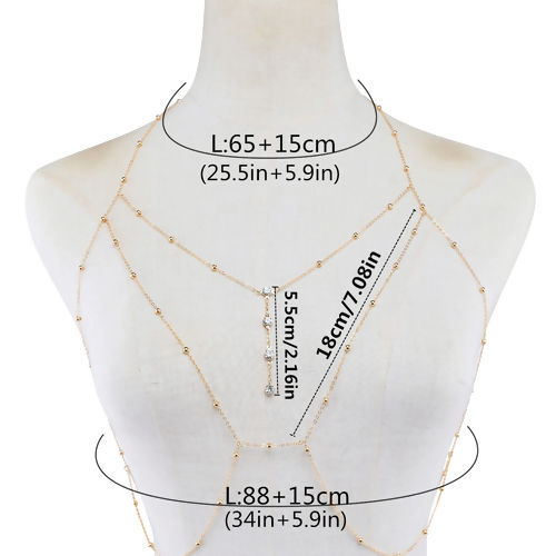 Изображение Multilayer Body Chain Necklace Gold Plated Round Clear Rhinestone 97.5cm(38 3/8") long 57cm(22 4/8") long, 1 Piece