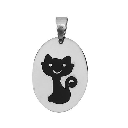 Image de Pendentifs en Acier Inoxydable Ovale Argent Mat Noir Chats Email 37mm x 22mm, 2 Pcs