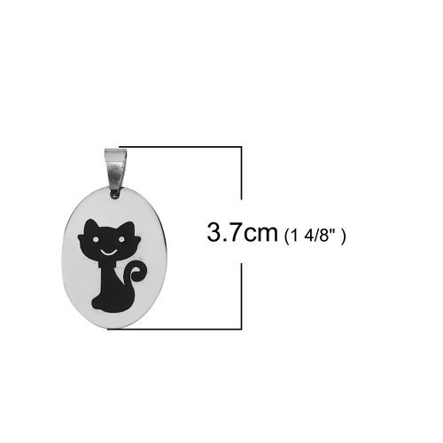 Image de Pendentifs en Acier Inoxydable Ovale Argent Mat Noir Chats Email 37mm x 22mm, 2 Pcs