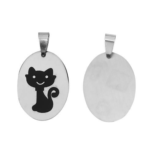 Image de Pendentifs en Acier Inoxydable Ovale Argent Mat Noir Chats Email 37mm x 22mm, 2 Pcs