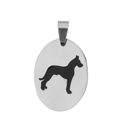 Image de Pendentifs en Acier Inoxydable Ovale Argent Mat Noir Chats Email 37mm x 22mm, 2 Pcs