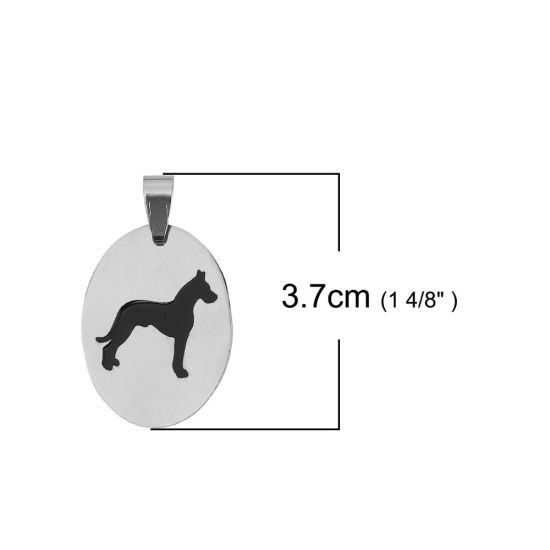 Image de Pendentifs en Acier Inoxydable Ovale Argent Mat Noir Chats Email 37mm x 22mm, 2 Pcs