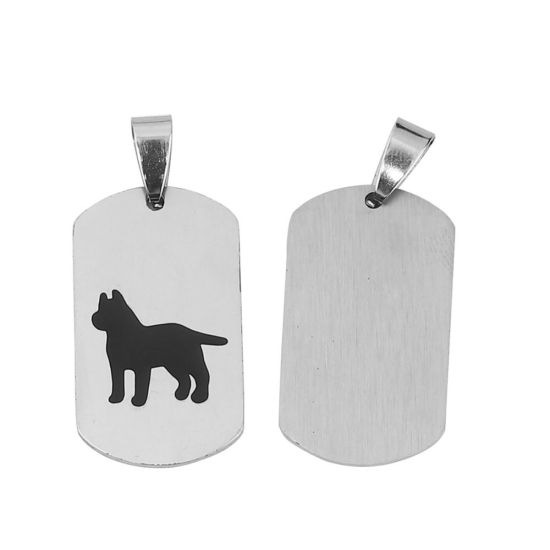 Image de Pendentifs en Acier Inoxydable Rectangle Argent Mat Noir Chien Email 39mm x 18mm, 2 Pcs