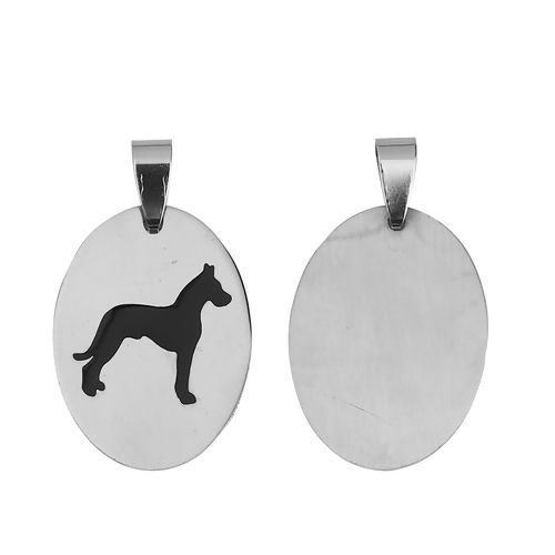 Image de Pendentifs en Acier Inoxydable Ovale Argent Mat Noir Chien Email 37mm x 22mm, 2 Pcs