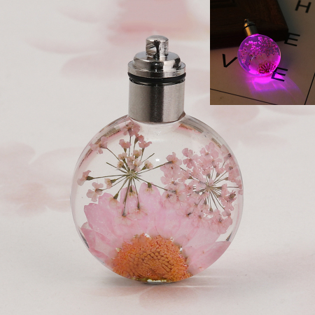 Picture of Glass & Dried Flower Pendants Round Chrysanthemum Flower Pink Transparent LED Light Up 43mm(1 6/8") x 30mm(1 1/8"), 2 PCs
