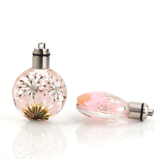 ガラス＆ドライ　フラワー　ペンダント　ラウンド　菊花　ピンク　透明LED発光　43mm（1/6 "）x 30mm（1 1/8"）、２個 の画像