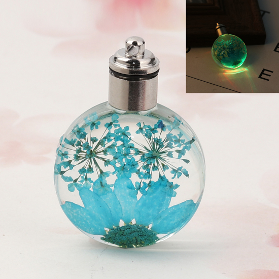 ガラス＆ドライ　フラワー　ペンダント　ラウンド　菊花　レイクブルー　透明LED発光　43mm（1/6 "）x 30mm（1 1/8"）、２個 の画像