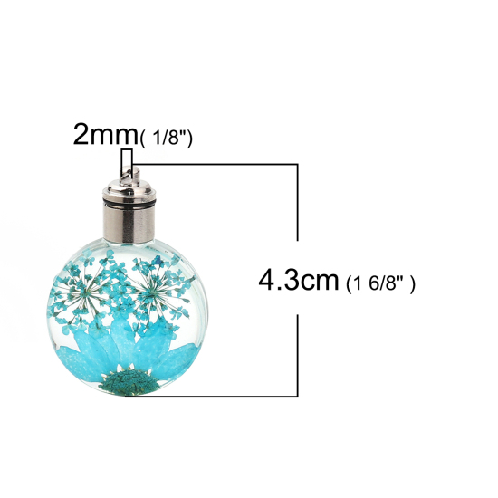 ガラス＆ドライ　フラワー　ペンダント　ラウンド　菊花　レイクブルー　透明LED発光　43mm（1/6 "）x 30mm（1 1/8"）、２個 の画像