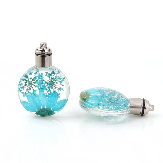 ガラス＆ドライ　フラワー　ペンダント　ラウンド　菊花　レイクブルー　透明LED発光　43mm（1/6 "）x 30mm（1 1/8"）、２個 の画像