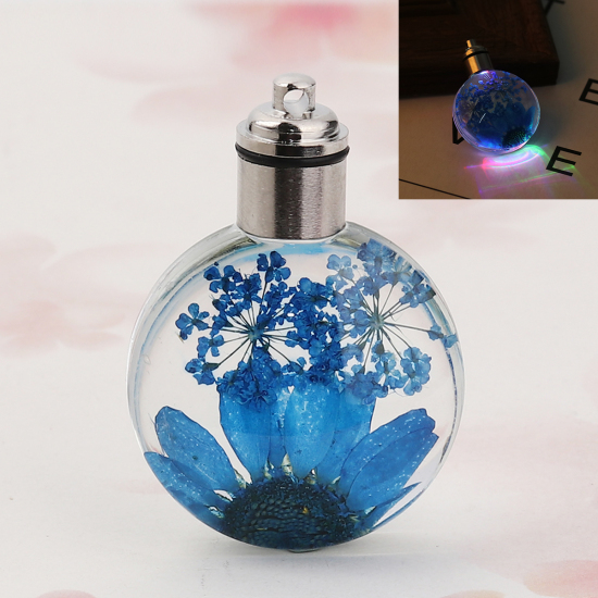 ガラス＆ドライ　フラワー　ペンダント　ラウンド　菊花　ピーコックブルー　透明LED発光　43mm（1/6 "）x 30mm（1 1/8"）、２個 の画像