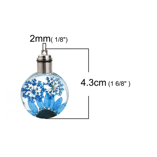 ガラス＆ドライ　フラワー　ペンダント　ラウンド　菊花　ピーコックブルー　透明LED発光　43mm（1/6 "）x 30mm（1 1/8"）、２個 の画像