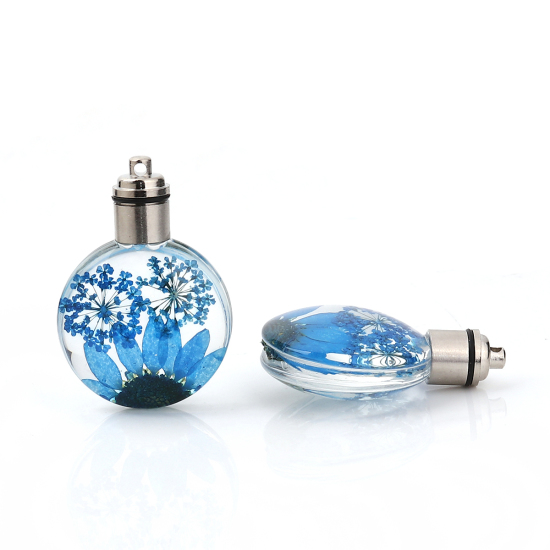 ガラス＆ドライ　フラワー　ペンダント　ラウンド　菊花　ピーコックブルー　透明LED発光　43mm（1/6 "）x 30mm（1 1/8"）、２個 の画像