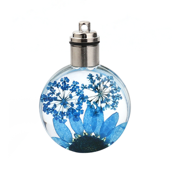 ガラス＆ドライ　フラワー　ペンダント　ラウンド　菊花　ピーコックブルー　透明LED発光　43mm（1/6 "）x 30mm（1 1/8"）、２個 の画像
