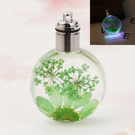 Picture of Glass & Dried Flower Pendants Round Chrysanthemum Flower Green Transparent LED Light Up 43mm(1 6/8") x 30mm(1 1/8"), 2 PCs