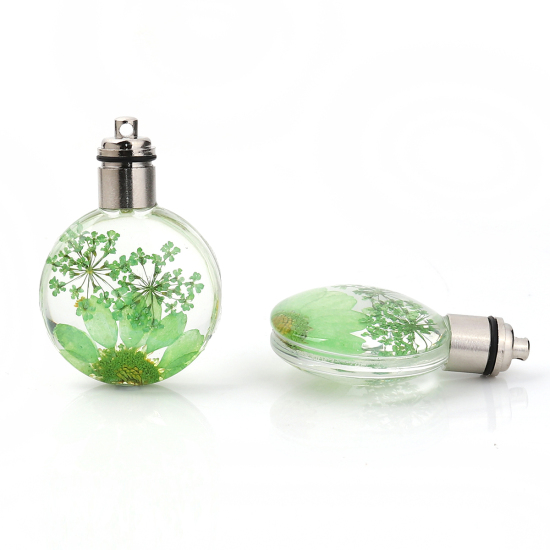 ガラス＆ドライ　フラワー　ペンダント　ラウンド　菊花　緑　透明LED発光　43mm（1/6 "）x 30mm（1 1/8"）、２個 の画像