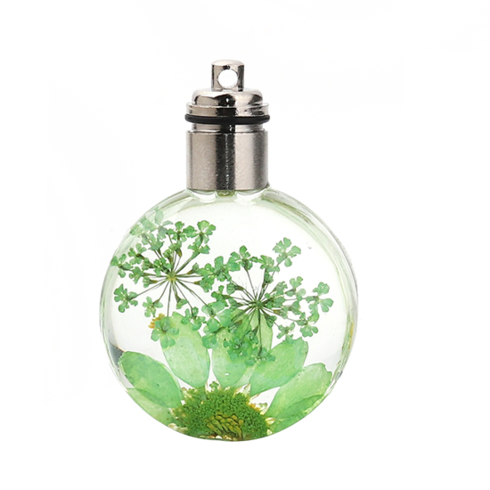 ガラス＆ドライ　フラワー　ペンダント　ラウンド　菊花　緑　透明LED発光　43mm（1/6 "）x 30mm（1 1/8"）、２個 の画像