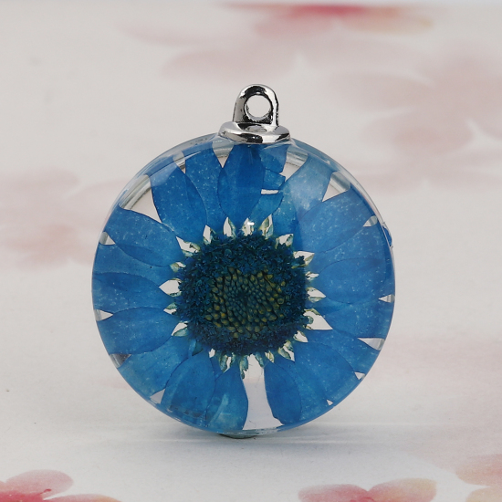 Immagine di Vetro & Fiore Reale Secchi Ciondoli Tondo Camelia Blu Pavone Trasparente 35mm x 30mm, 2 Pz