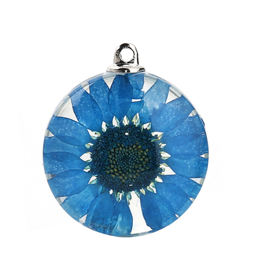 Immagine di Vetro & Fiore Reale Secchi Ciondoli Tondo Camelia Blu Pavone Trasparente 35mm x 30mm, 2 Pz