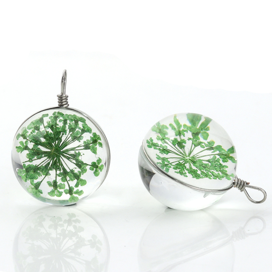 Immagine di Vetro & Fiore Reale Secchi Charms Palla Verde Trasparente 28mm x 20mm, 2 Pz
