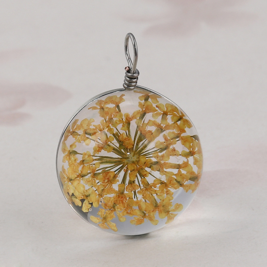 Picture of Glass & Dried Flower Charms Ball Orange Transparent 28mm(1 1/8") x 20mm( 6/8"), 2 PCs