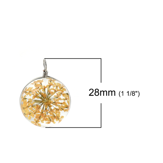 Picture of Glass & Dried Flower Charms Ball Orange Transparent 28mm(1 1/8") x 20mm( 6/8"), 2 PCs